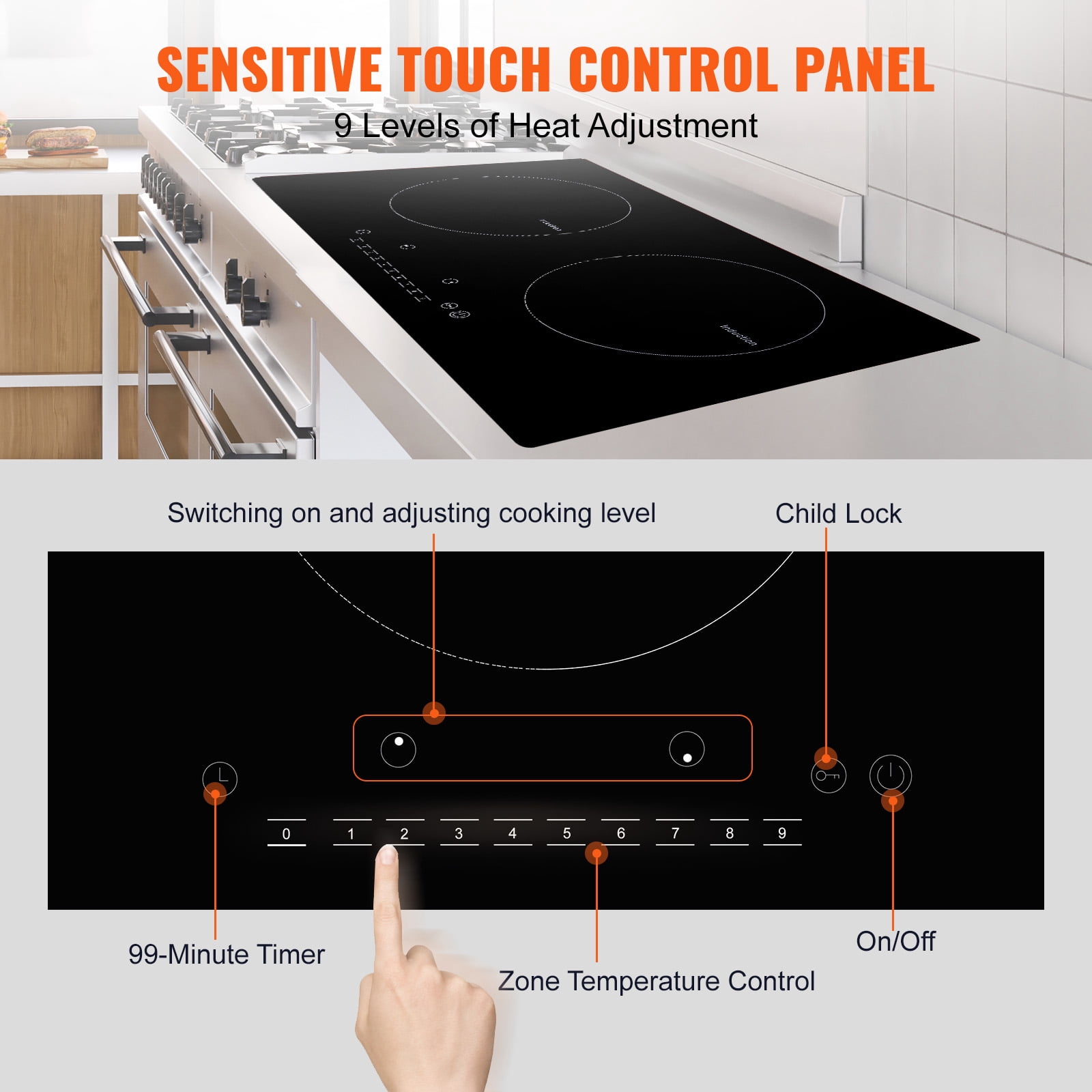 KFFKFF 2 Burners Ceramic Glass Stove Top Touch Control 24 inch Electric Cooktop