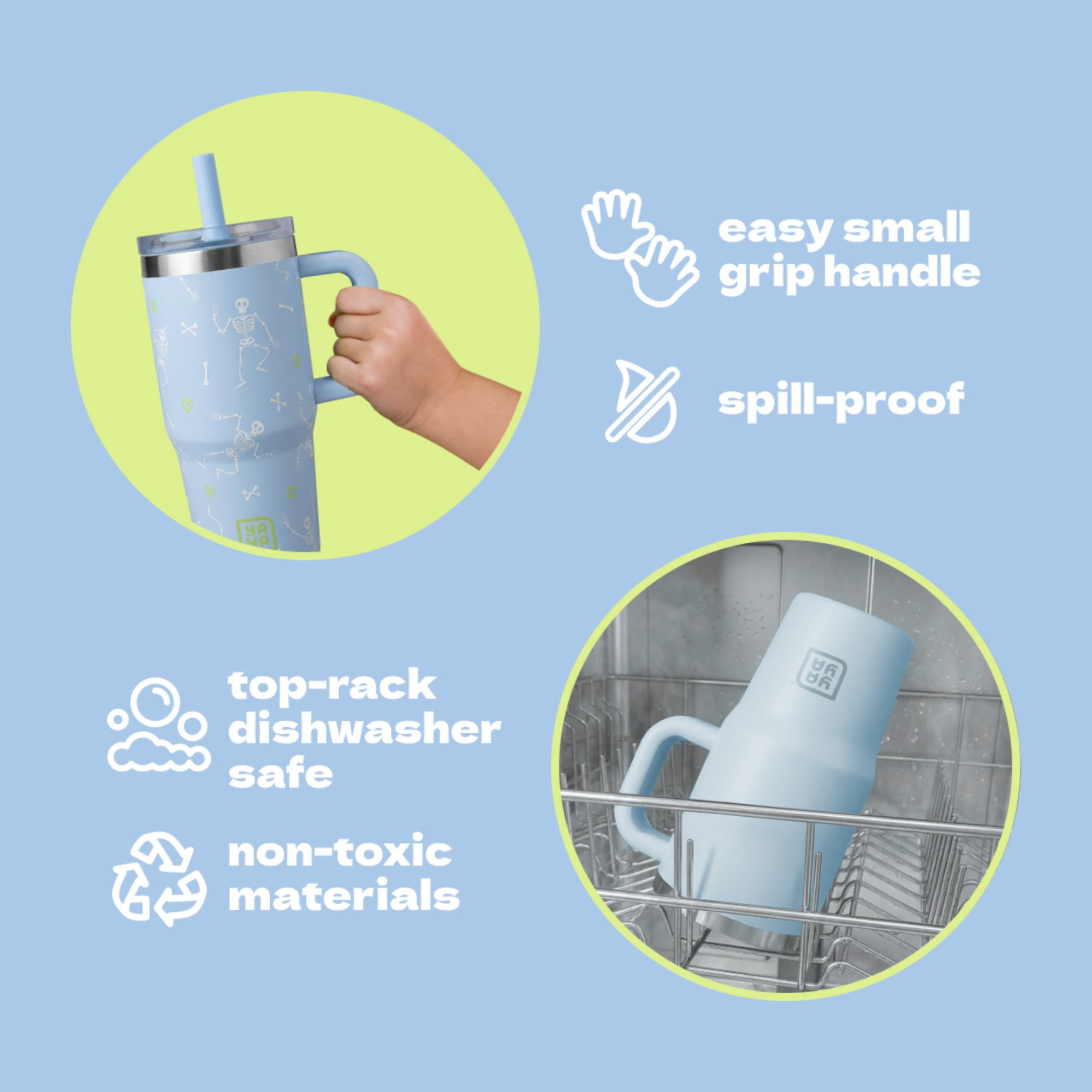 YAYA My First Travel Tumbler for Preschool & Kids 3+, Insulated Stainless Steel Tumbler with Reusable Silicone Straw & Spill-Proof Lid, Cup Holder Compatible, BPA-Free, 12oz, Skeletons
