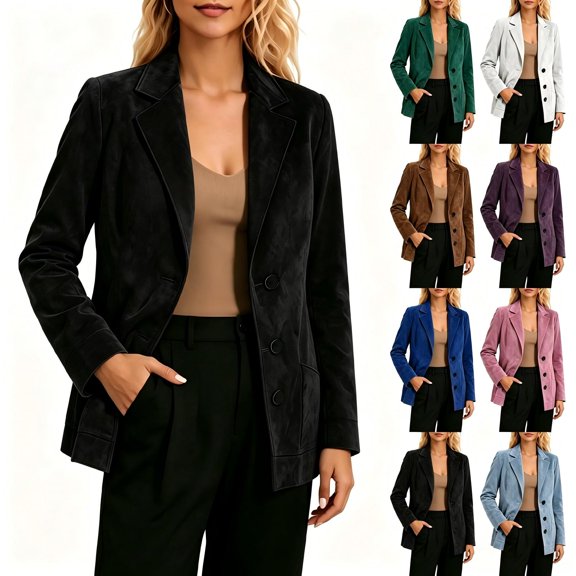 Tqcoqu Women's Faux Suede Notched Lapel Blazer,Three Button Long Sleeve Casual Work Suit Jacket with Pocket,2026 Fall Winter Trendy Clothes,Black Women's S-XXXL