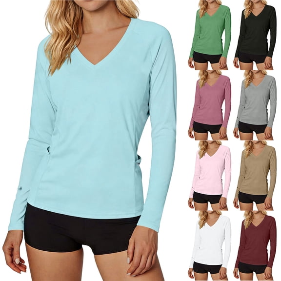 Otntypg Women's Long Sleeve V Neck Rash Guard Tops Lightweight Quick Dry UPF 50 Sun Protection T-Shirts Trendy Basic Solid Color Workout Hiking Running Shirts Khaki S