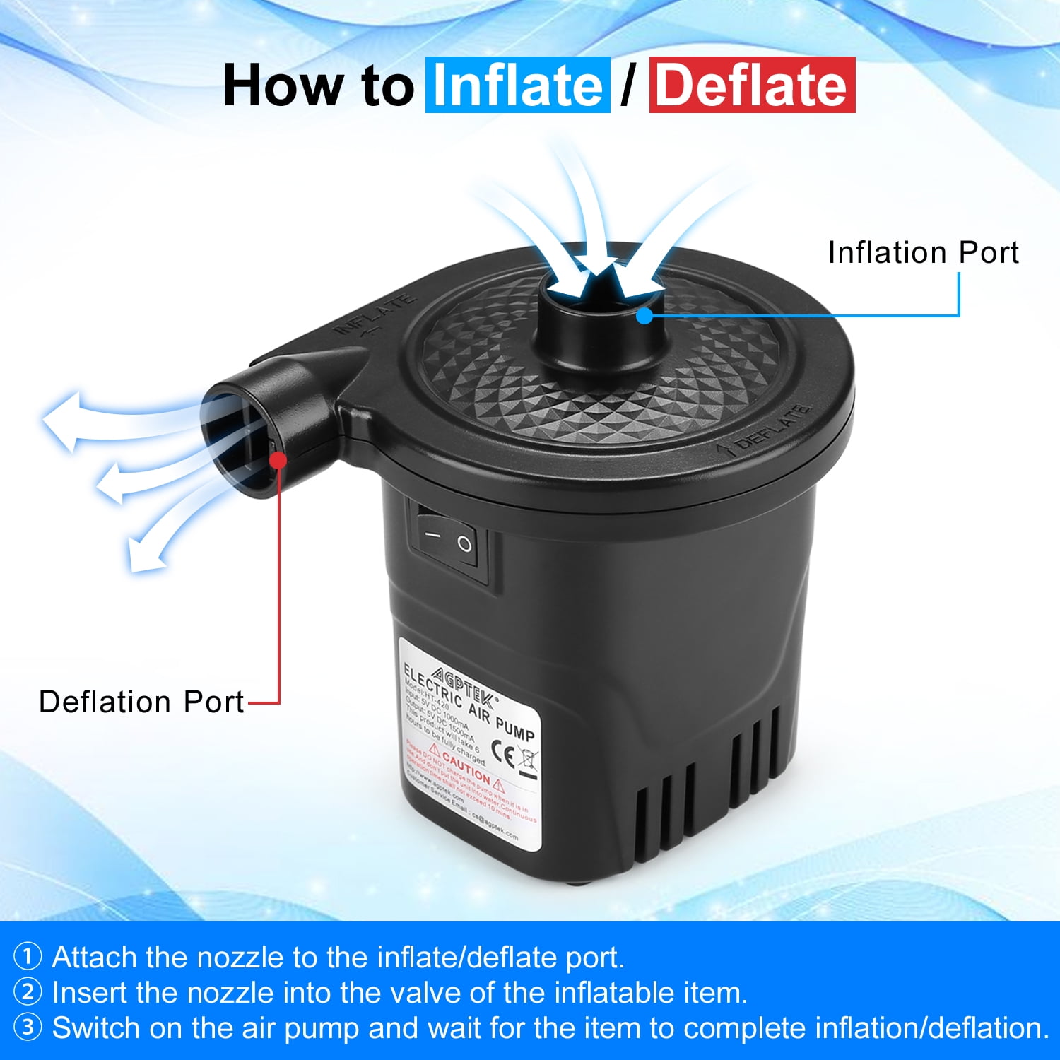 Electric Air Pump Quick-Fill Inflator & Deflator with 3 Nozzles, Lightweight & Portable Rechargeable Air Pump Perfect for Air Beds, Air Mattresses, Pool Toys & Inflatable