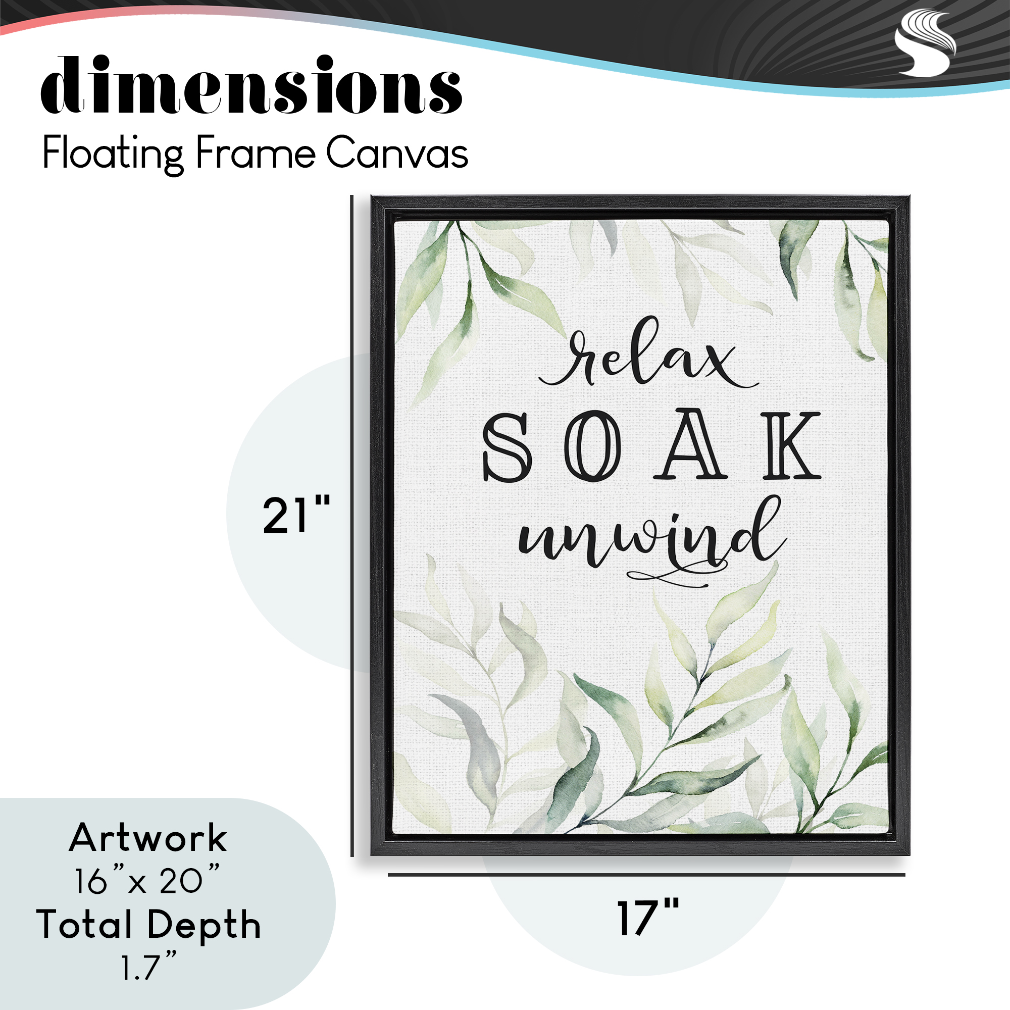 Soak & Unwind with Leaves Black Framed Floater Canvas Wall Art, design by Lettered and Lined