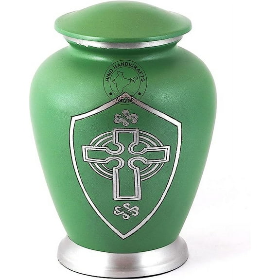 Silver Engraved Aluminium Cremation Urn for Human Ashes Adult - Handcrafted Funeral Memorial Ash Storage Urn - Bag Included (7'' x 7'' x 10''- 200 lbs or 91 kg, Celtic Shield)