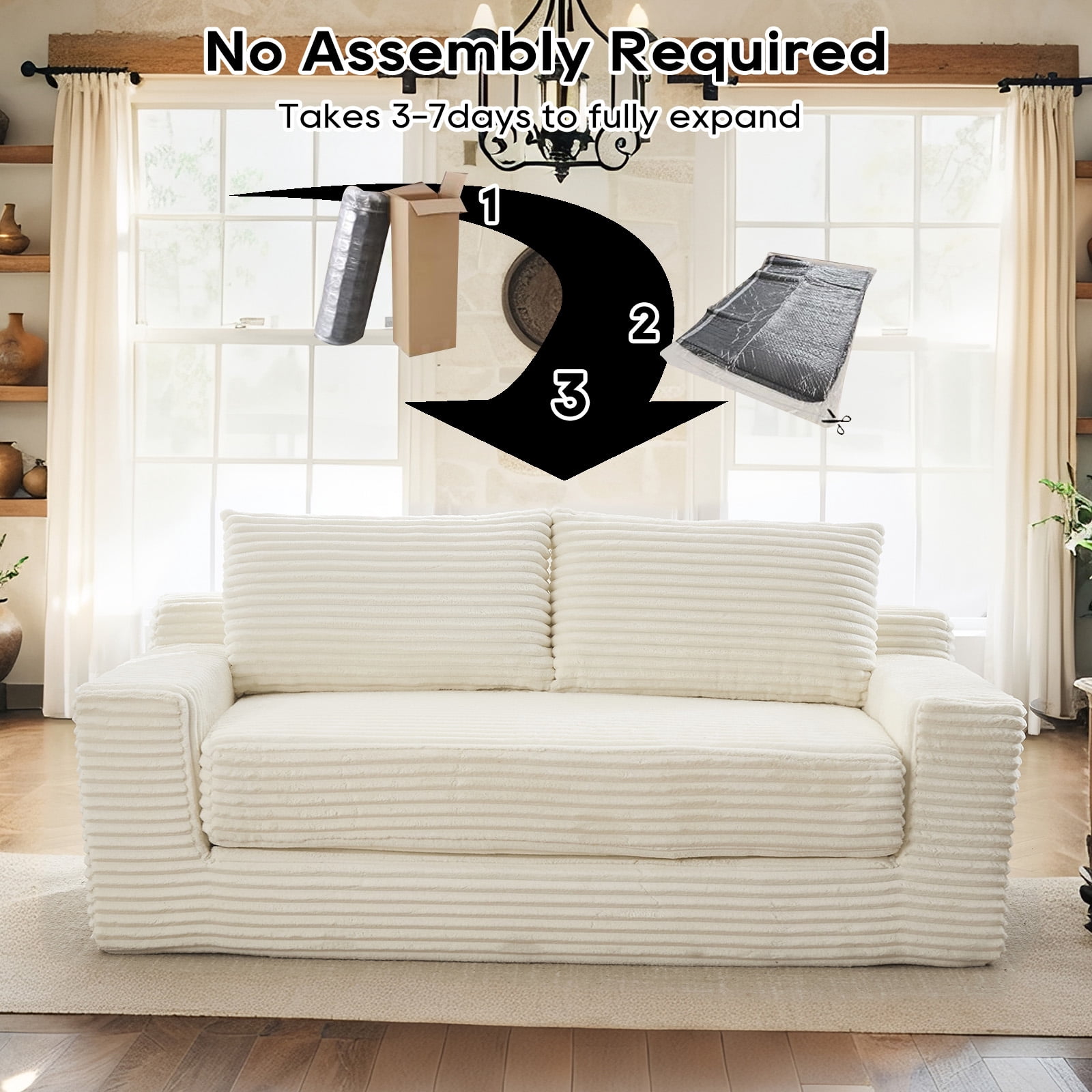 Leumius Convertible Loveseat Compression Sofa for Living Room,Corduroy 2 Seater Couch Memory Foam Sofa for Small Spaces,Apartments,Office,Beige