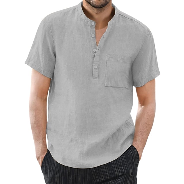 Camisa de manga corta con cuello alto de algodón y lino para hombre: prenda informal de color liso para vacaciones en la playa, apta para todas las estaciones