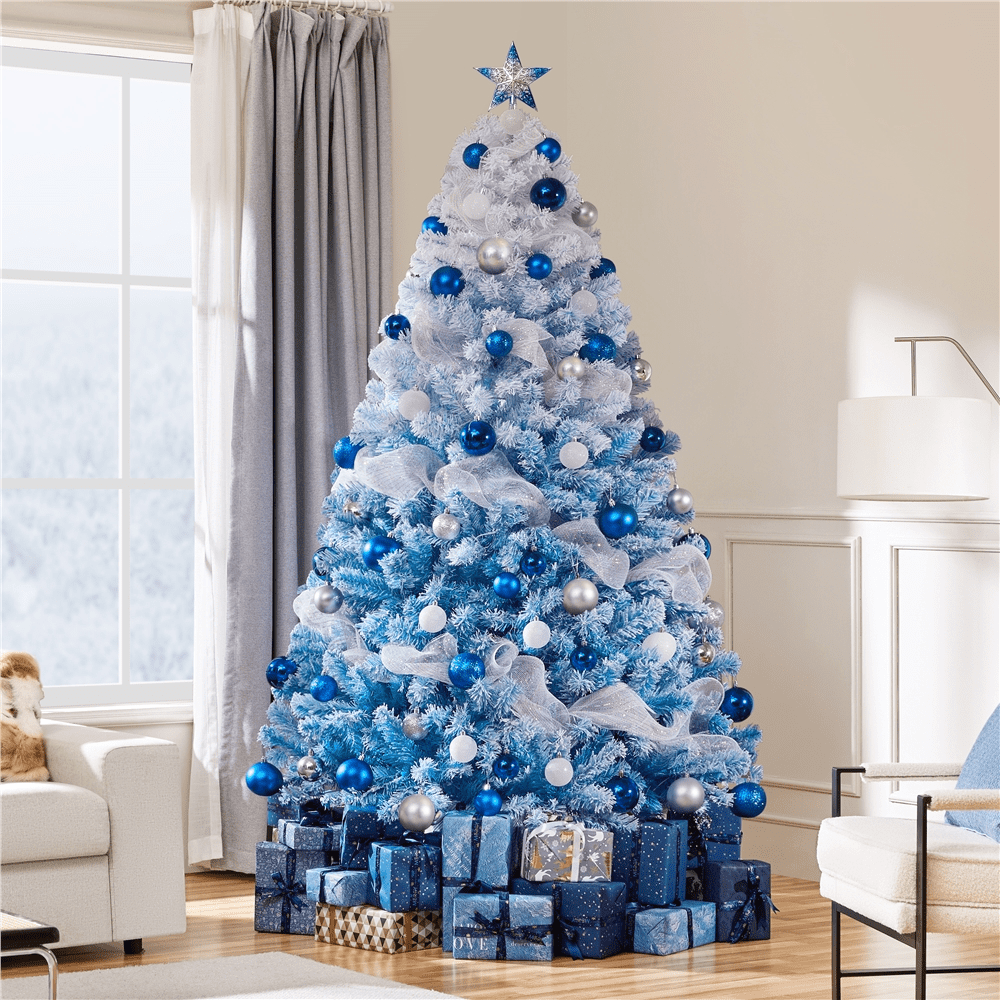 Alden Design 7.5 FT Artificial Snow Flocked Christmas Tree, with 250 Lights Lake Blue Gradient