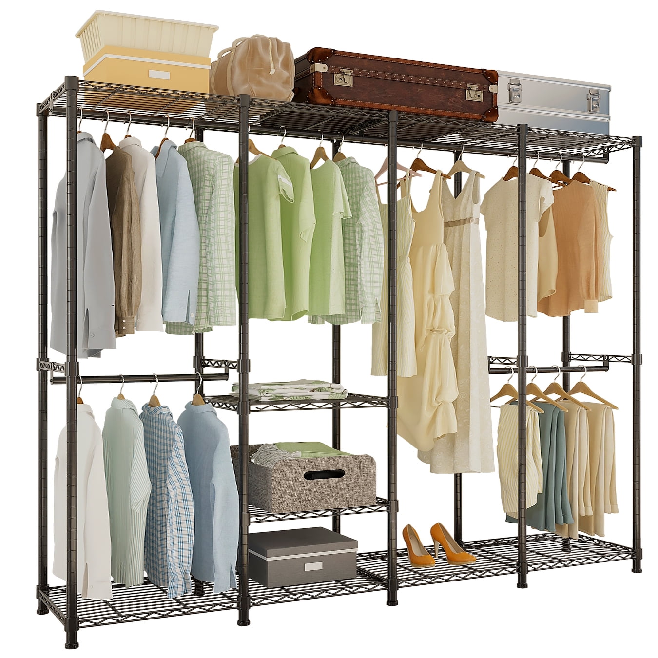 Ktaxon 75"L Wire Garment Rack Heavy Duty Clothes Rack Metal Closet Wardrobe Rack for Hanging Clothes with Adjustable Shelves, Freestanding Closet Storage Organizer, 74.8"Lx15.75"Wx74.8"H, Black