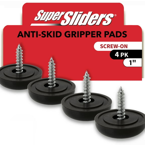 Super Sliders 1 Inch Anti-Skid Gripper Pads with Screw-On Mounting, Non-Slip Furniture Feet for Floor Protection – 4-Pack, Black