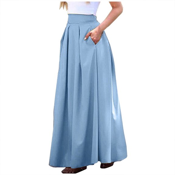 Aofany Women's A-Line Maxi Skirt Pleated Flowy Skirt Vintage Elastic High Waisted Skirts with Pockets