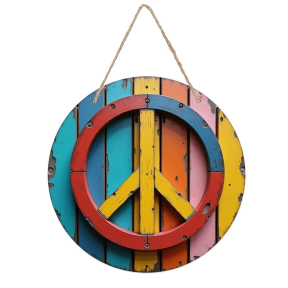 Rustic Round Wooden Wall Art Sign, 8" Decorative Home Decor, Vintage Peace Sign Colorful Wooden Planks Designs, Easy Hang, Gift-Ready for Christmas Living Room Bedroom Kitchen Office