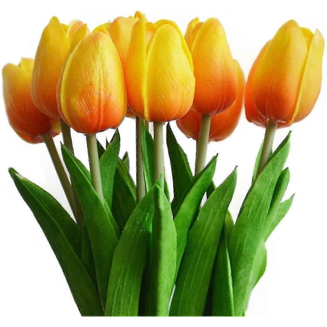 10pcs Stunning Realistic Touch Pu Artificial Tulip Bouquet With Stem-yellow