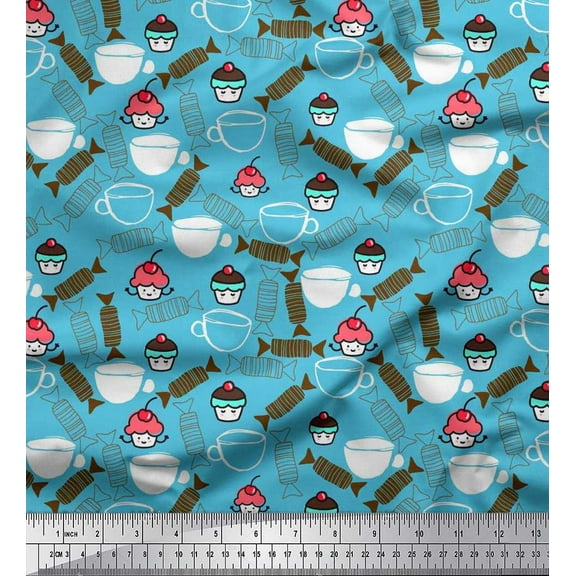 Soimoi Crepe Silk Fabric Cup,Candies & Cupcake Food Print Sewing Fabric Yard 42 Inch Wide