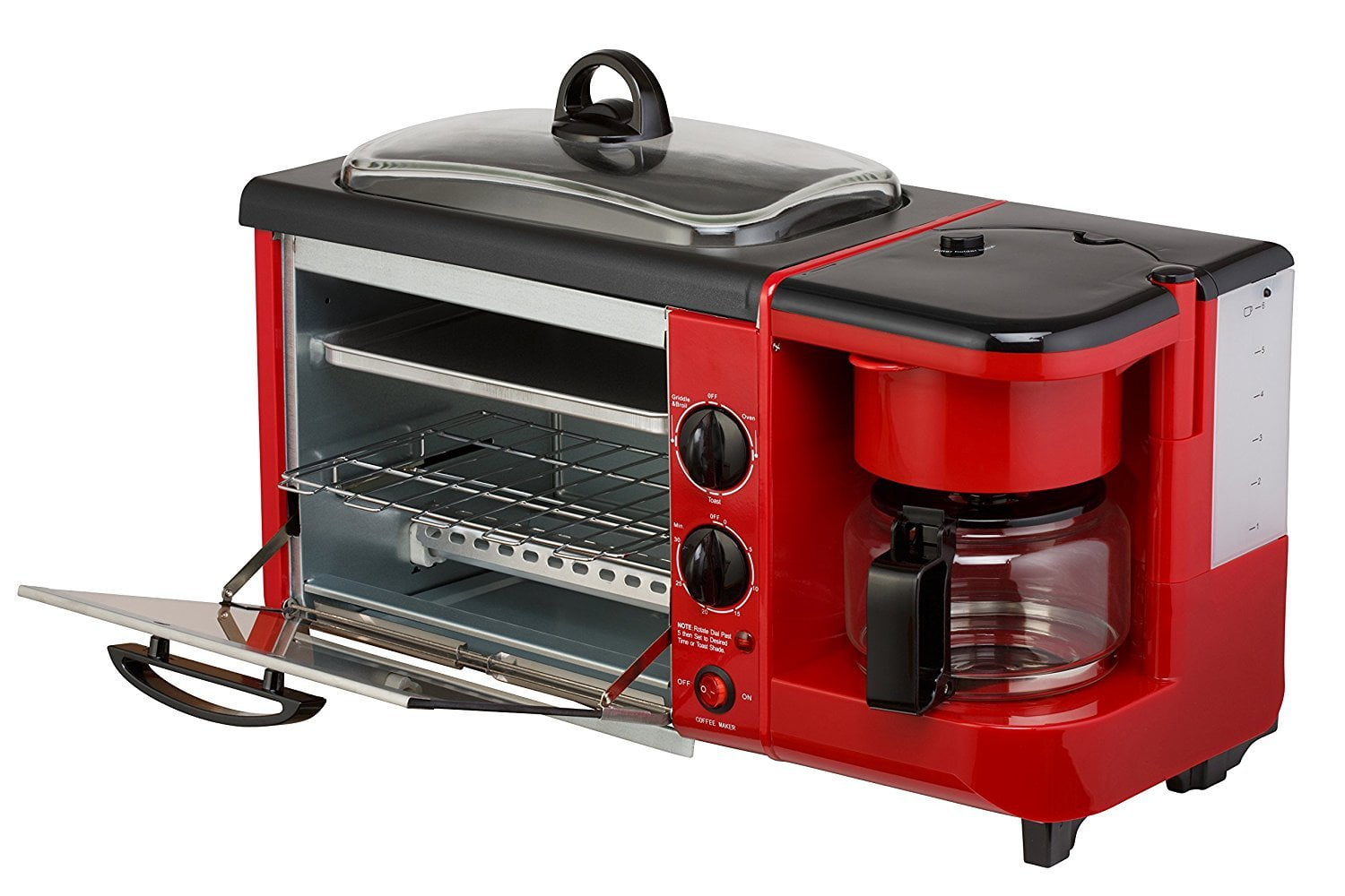 Red Courant CBH-4601R 3-in-1 Multifunction Breakfast Hub 4 Slice Toaster Oven, Large 10 Diameter Griddle Pan, 5 Cup Coffee Maker
