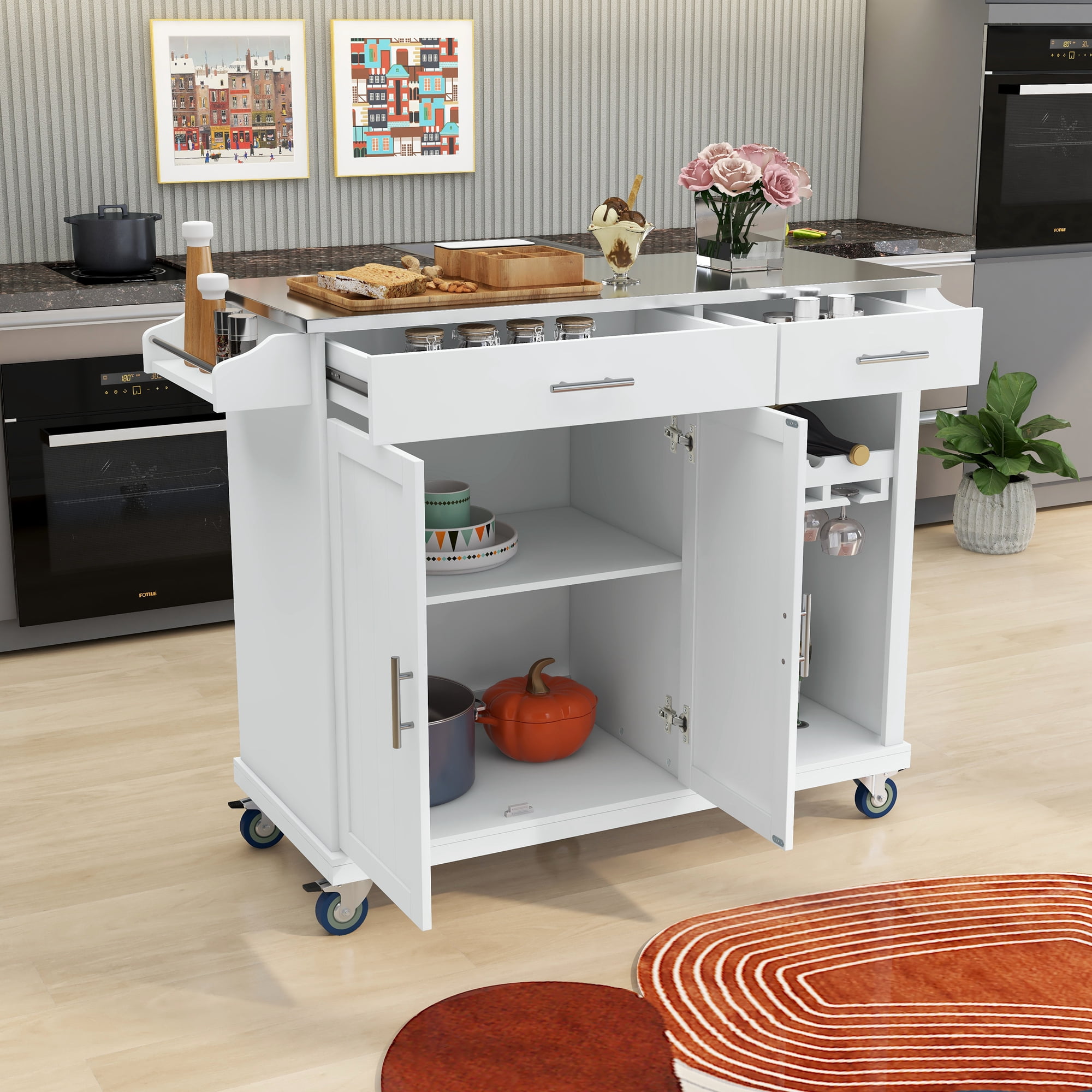 Churanty Rolling Kitchen Cart and Island with Stainless Steel Top and Storage Wheels Two
