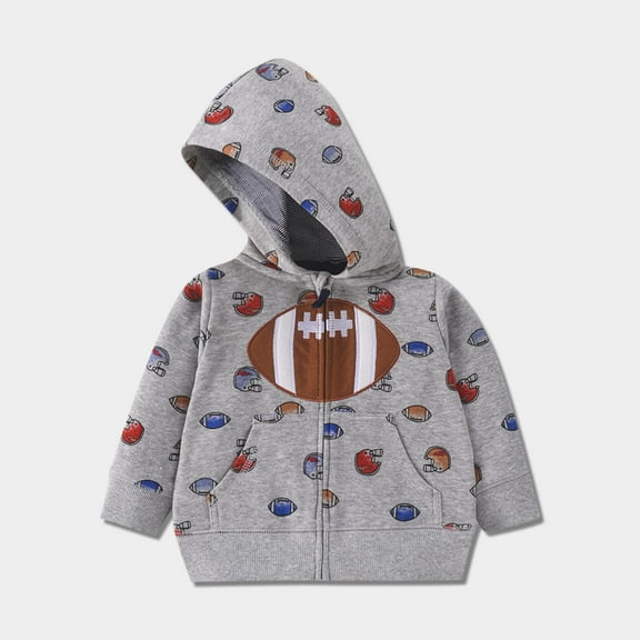 fnnxnal Toddler Football Zip-Up Hoodie, Gray, 2-3 T - Helmet & Ball Print with Front Pockets, Sports Themed Casual Wear