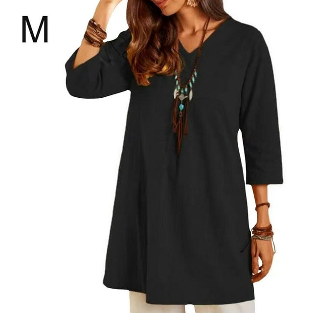 Femmes Robe V Cou Été Vêtements Coton Lin Robe Robe de Couleur Solide, Noir, M