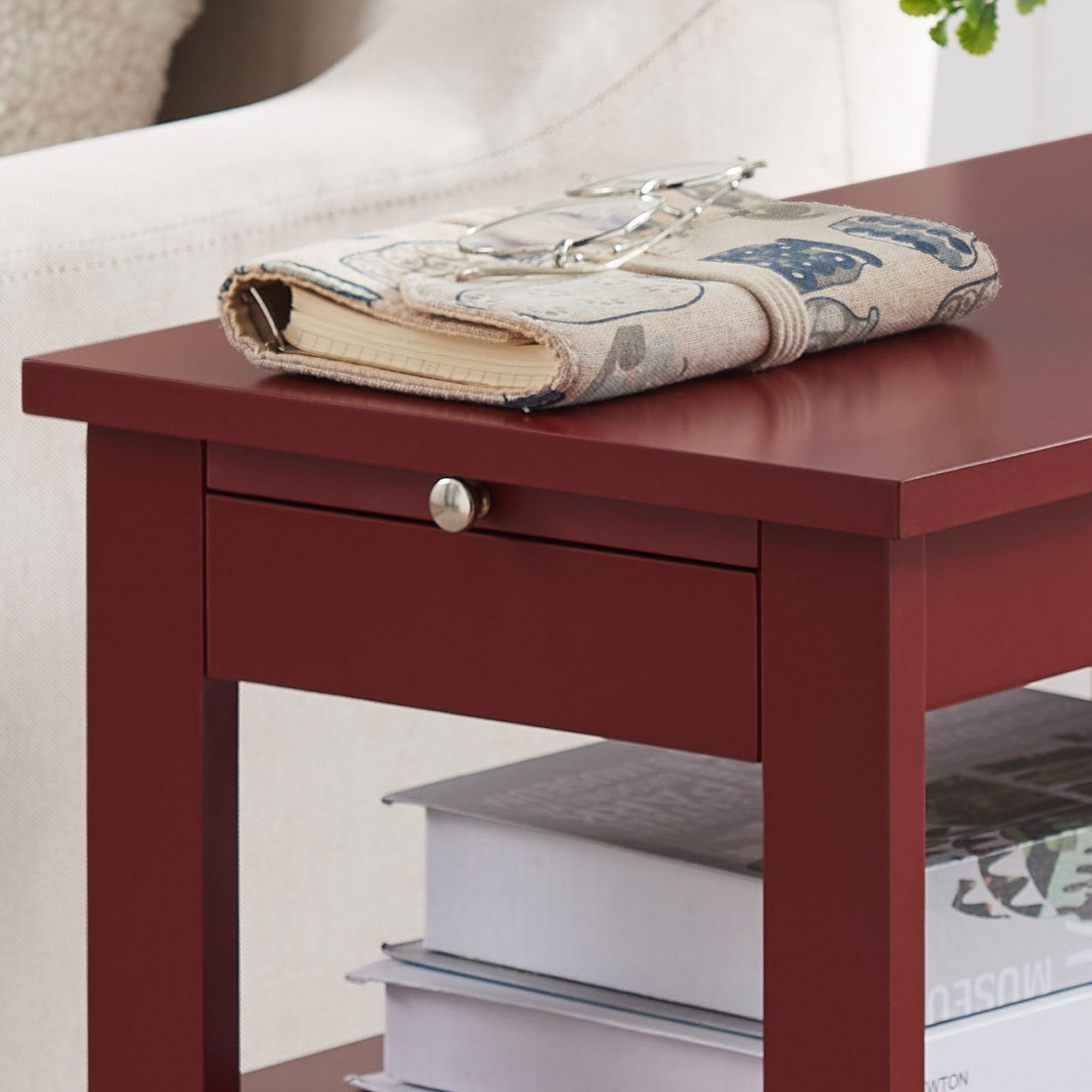 Kings Brand Furniture - Slim Wood Side End Table with Storage Shelves & Pull-Out Tray, Nightstand for Bedroom, Living Room, Red