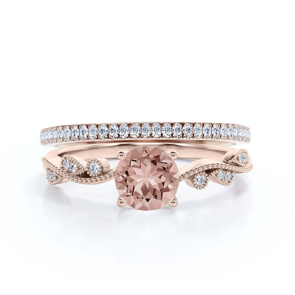 Twisted Boho & Hippie 1.75 Carat Round Cut Morganite And Diamond Moissanite Engagement Ring Wedding Ring In 10K Rose Gold, Gift For Her, Promise Ring, Anniversary Ring, Bridal Set, Matching Band