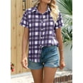 thumbnail image 3 of Women Short Sleeve Button Down Plaid Print Casual Blouses Tops, 3 of 4