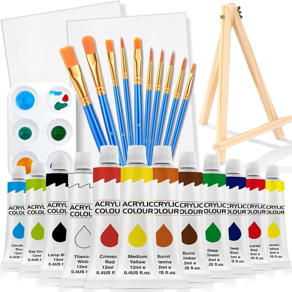 26 PCS Acrylic Paint Set with 12 Colors Acrylic Paints (12ml, 0.4 oz), 10 Paint Brushes, 2 Canvas, 1 Wood Easel, 1 Plate, Painting Supplies Kits for Kids, Adults, Artists and Beginners