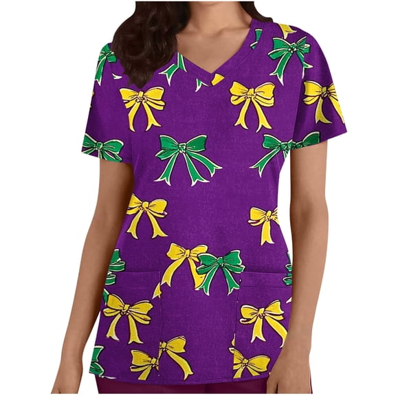Afelkas Women Cute Mardi Gras Scrub Top Ribbon Bow Print Nurse Uniform V-Neck Medical Holiday Shirt Yellow,S