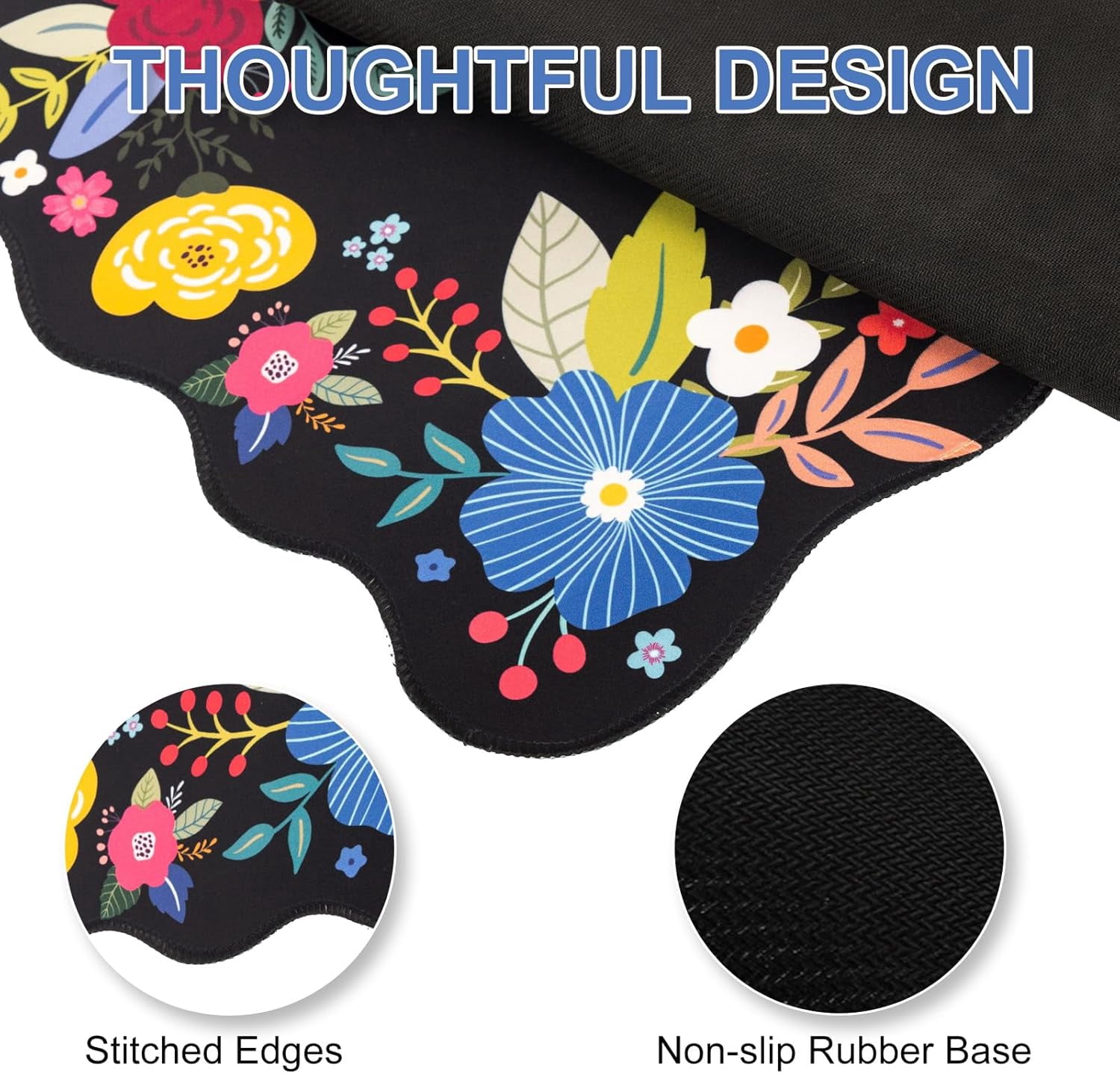 Floral Mouse Pad,Black Desk Mat XXL Large Scalloped Gaming Mousepad,35.4x15.7in Non-Slip Rubber Base Keyboard Pad Waterproof Desktop Mat for Laptop Computer Game Home Office-Black Floral