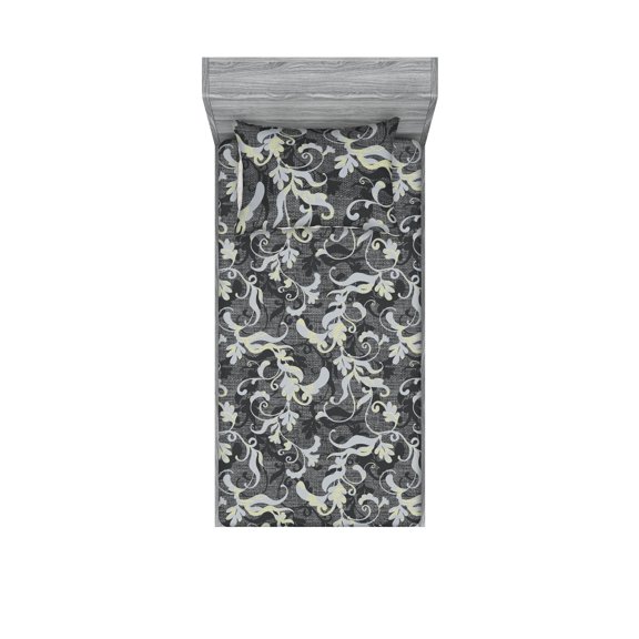 Damask Fitted Sheet & Pillow Sham Set, Floral Boho Silhouette Pattern on Grid Curlicue Vintage Themed Print, Decorative Printed 2 Piece Bedding Decor, Twin, Pale Ceil Blue Pale Grey, by Ambesonne