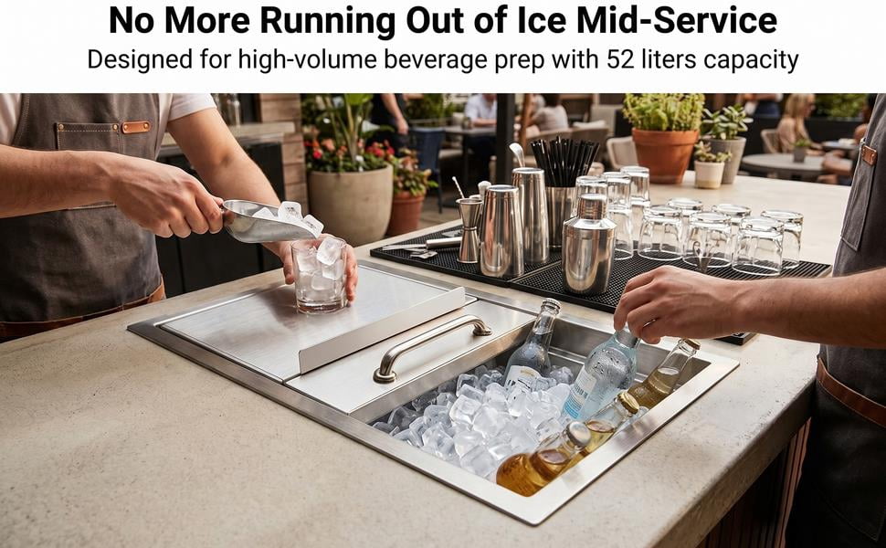 Built In Style Commercial Ice Bin,Drop In Ice Chest With Compact Design,Heavy Duty Stainless Steel And Leak Proof Drain System,Stainless Steel Ice Cooler For Patio Or Kitchen Island