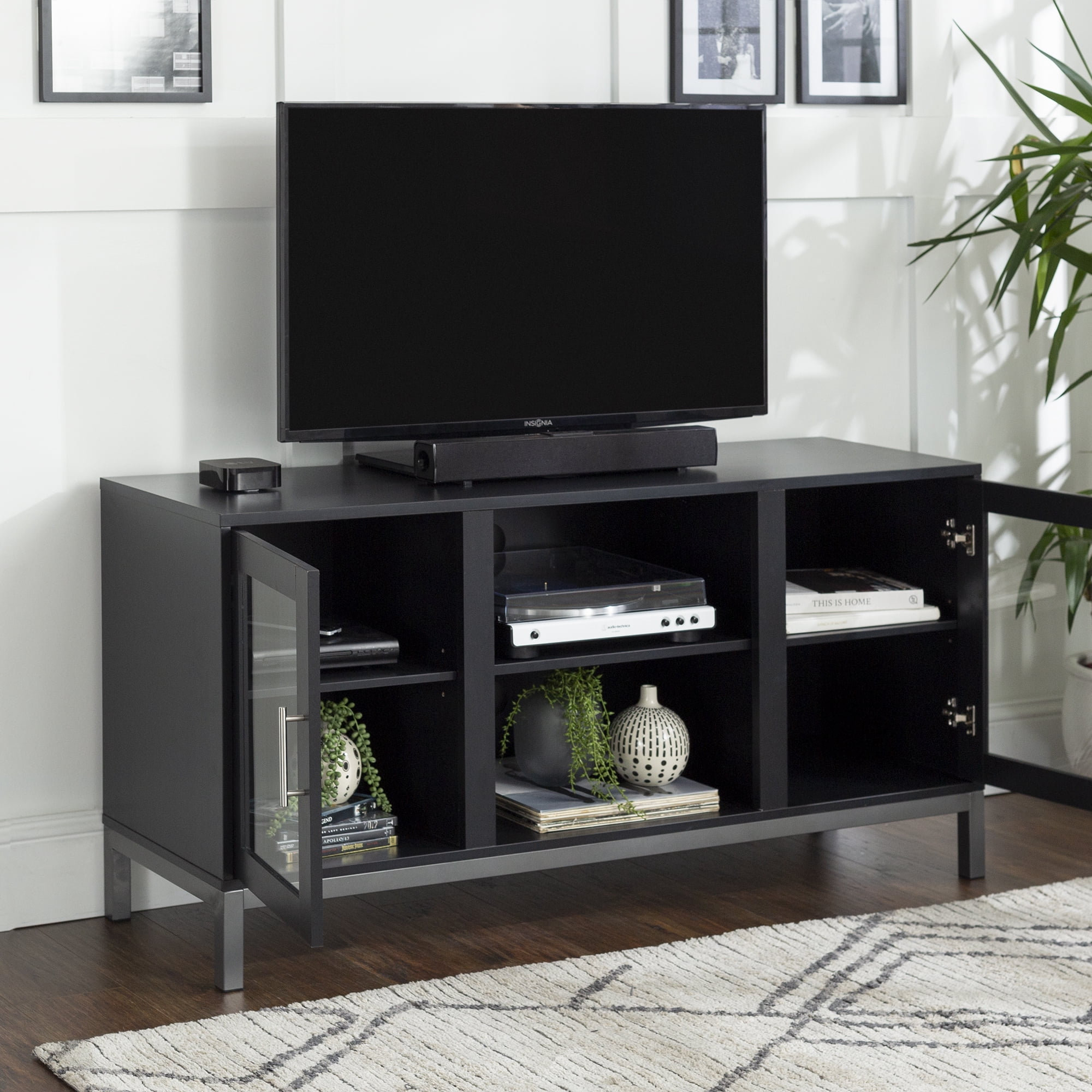 Manor Park Modern TV Stand with 2 Storage Cabinets for TVs up to 56", Black