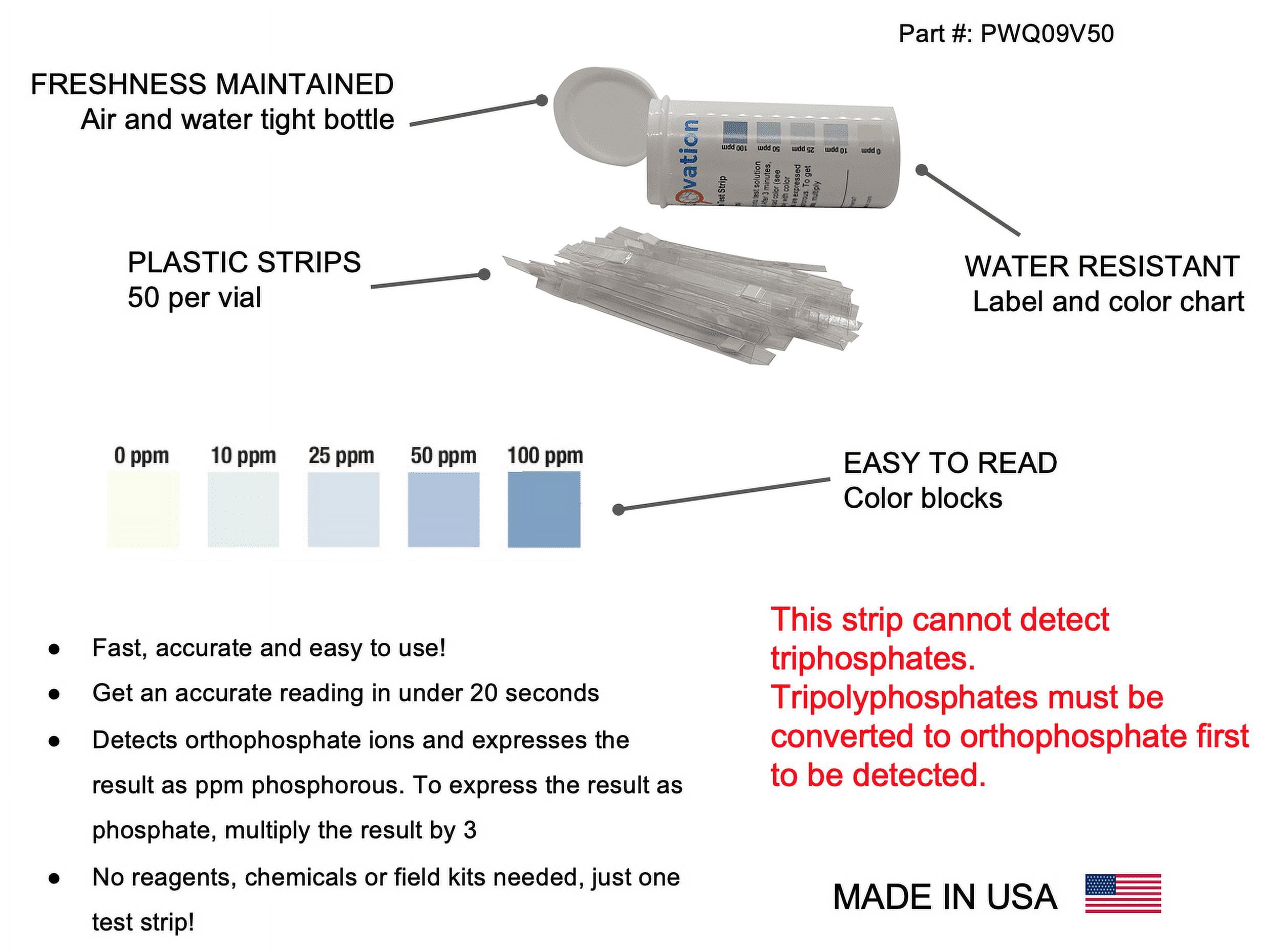 Bartovation Phosphorous and Phosphate Detection Test Strips, 0-100 ppm [Vial of 50 Strips]