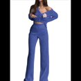 thumbnail image 1 of Traje Informal de Dos Piezas para Mujer, de Punto Liso, con Aberturas, Larga, Botones y Pantalones de Cintura Alta. Azul L, 1 of 10