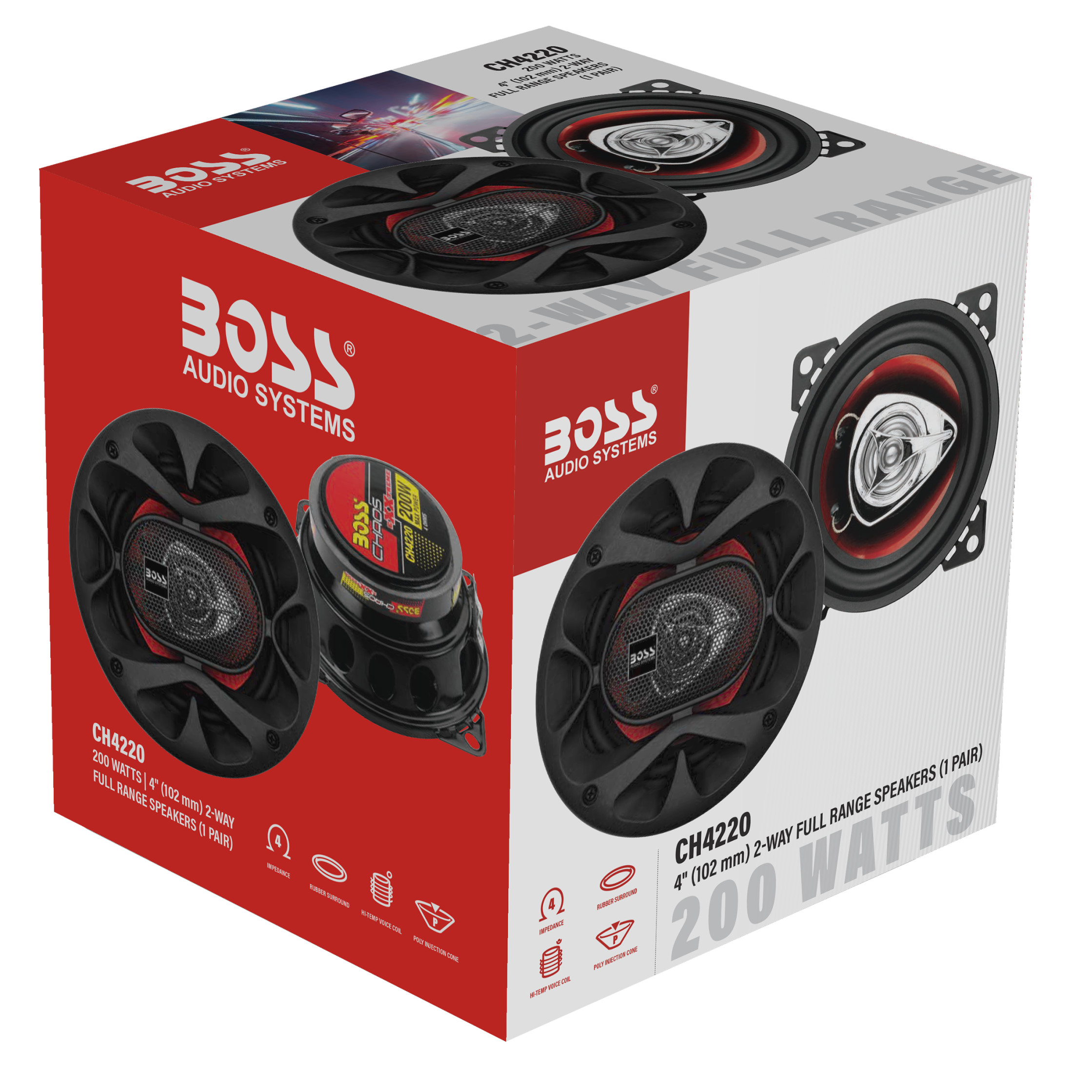 BOSS Audio Systems CH4220 Chaos Series 4 Inch Car Audio Door Speakers - 200 Watts Max, 2 Way, Full Range, Coaxial, Hook Up To Stereo and Amplifier, Tweeters