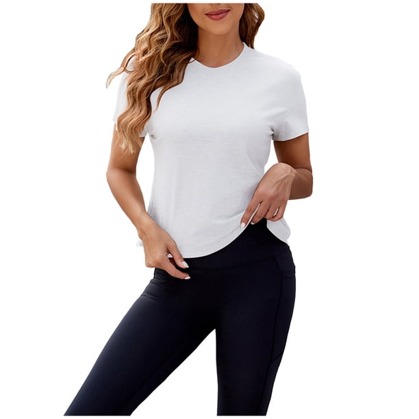 Blusas de Manga Corta para las Mujeres Primavera Verano Cuello Redondo Ejercicio de Yoga Color Sólido Camiseta