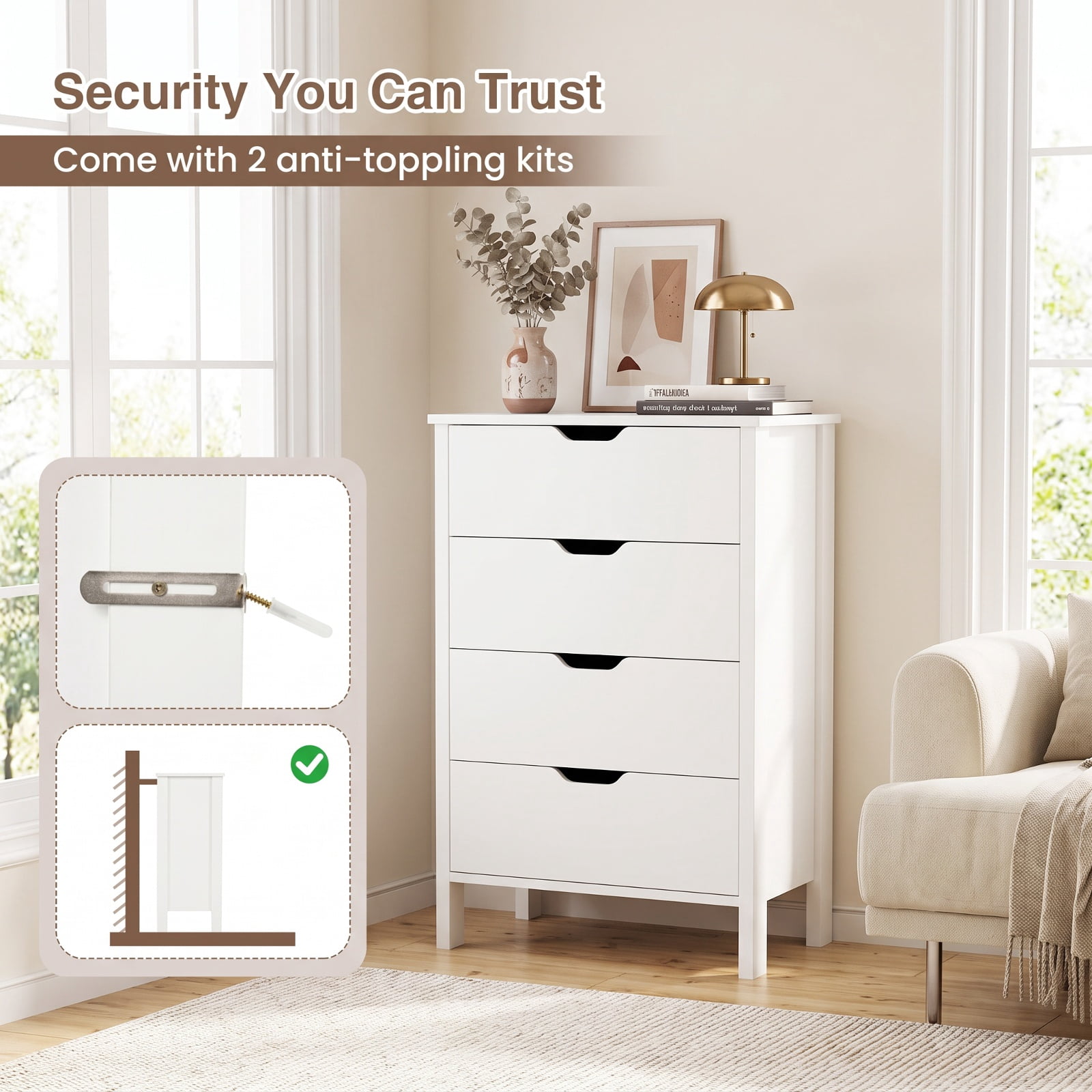Furnibear 4-Drawer Dresser Wooden Nightstand with Anti-Tipping Kits for Bedroom Closet Living Room Nursery Clothes Storage, White