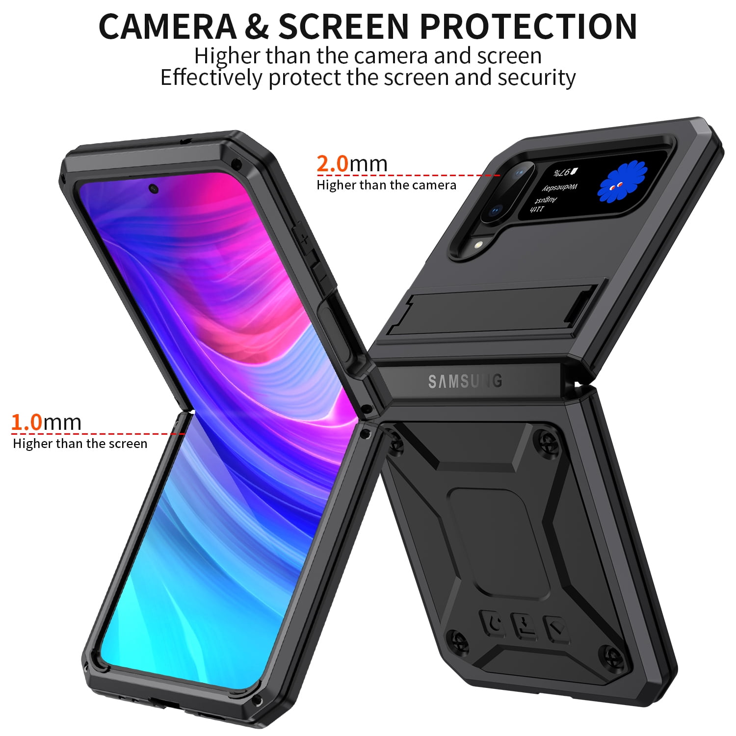 ELEHOLD for Samsung Galaxy Z Flip 4/3 6.7" Case, Heavy Duty Armor Built-in Explosion-Proof Tempered Glass Screen Protector Wireless Charging Hang Rope Hidden Kickstand Shockproof Rugged Case,Black