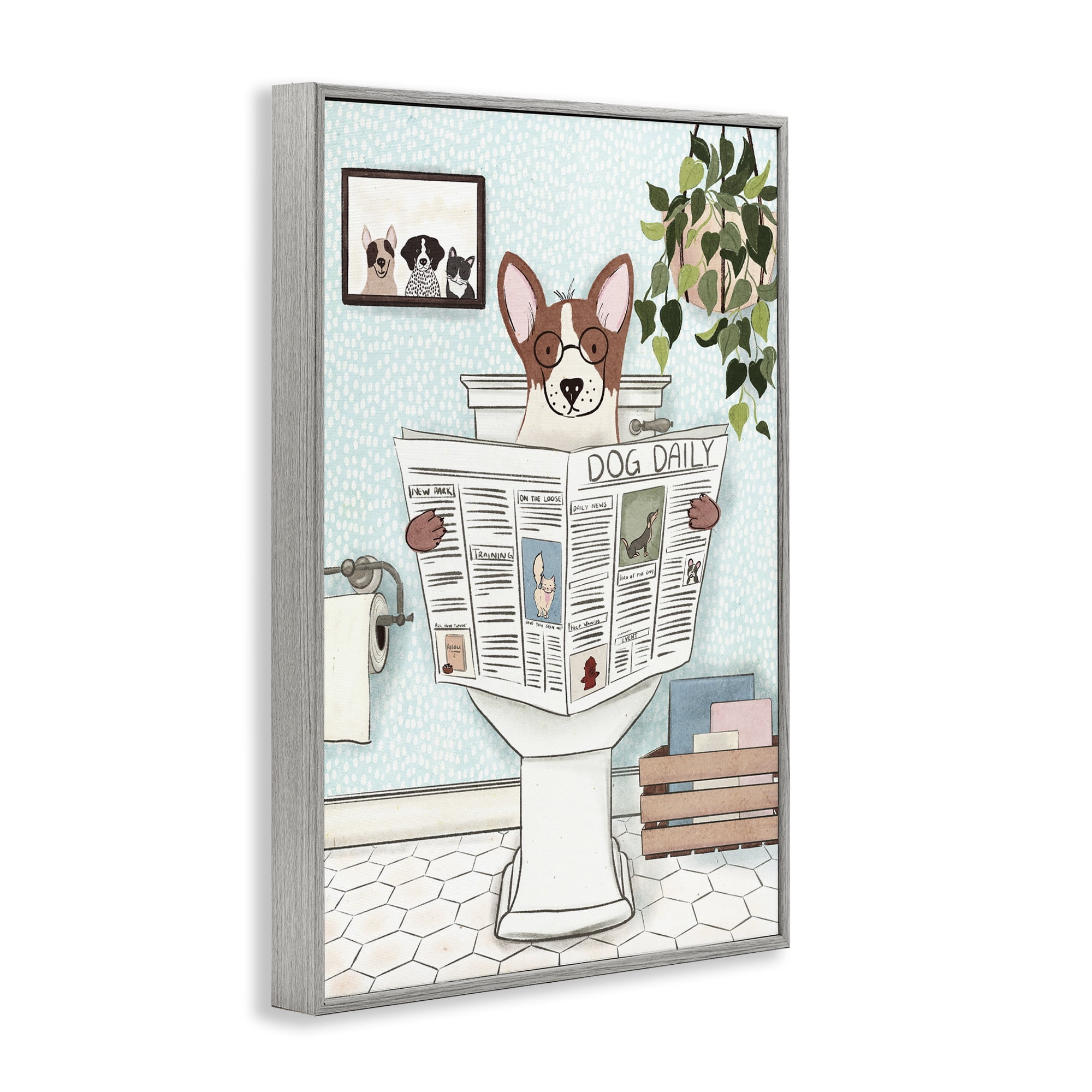 Stupell Industries Pup with Newspaper Typography Painting Gray Framed Art Print Wall Art, 12 x 18