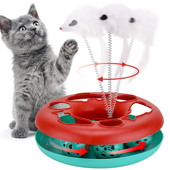 Juguetes para gatos, juguetes para gatos de interior, juguetes interactivos para gatitos, pistas sobre ruedas con hierba gatera, resorte, juguete para mascotas con pelotas de ejercicio, ratón (rojo)