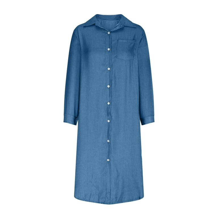 WMTBSRSW Denim Dress for Women Long Sleeve Button Up Lapel Jean Dress Solid  Color Maxi Dress Casual Work Shirt Dresses - Walmart.com