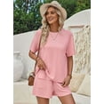 thumbnail image 5 of Women Matching Shorts Knitted Pockets Sets Fall Round Neck 2 Piece Set Summer Short Sleeve Lounge Sets Pink XL, 5 of 8