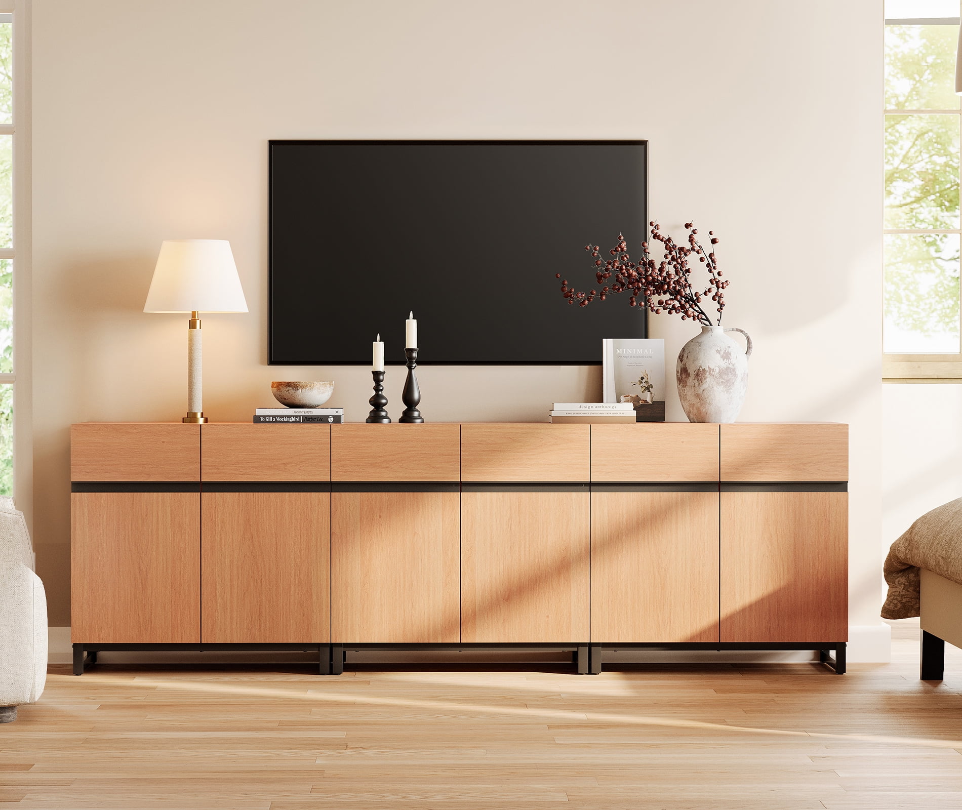 WAMPAT 94.5" TV Stand with Doors,Modern TV Stand for TVs up to 110 Inch,3 Packs Wood Entertainment Center with Adjustable Shelves & Metal Base.