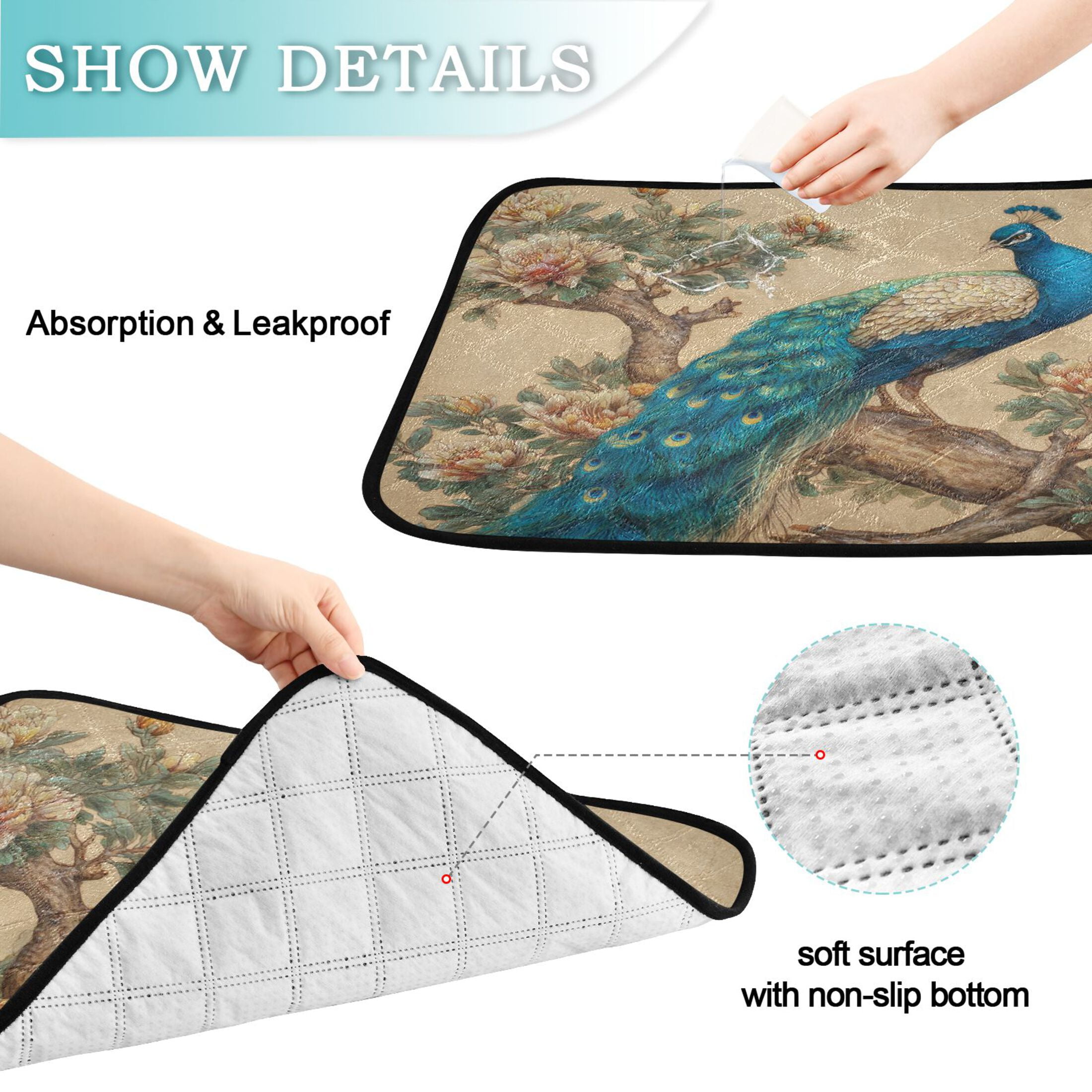 Qxltty Elegent Peacock Cat litter Pads Pet Set of 3 Diaper Mats Center Anti-leakage Layer Absorbent Soft and Comfortable