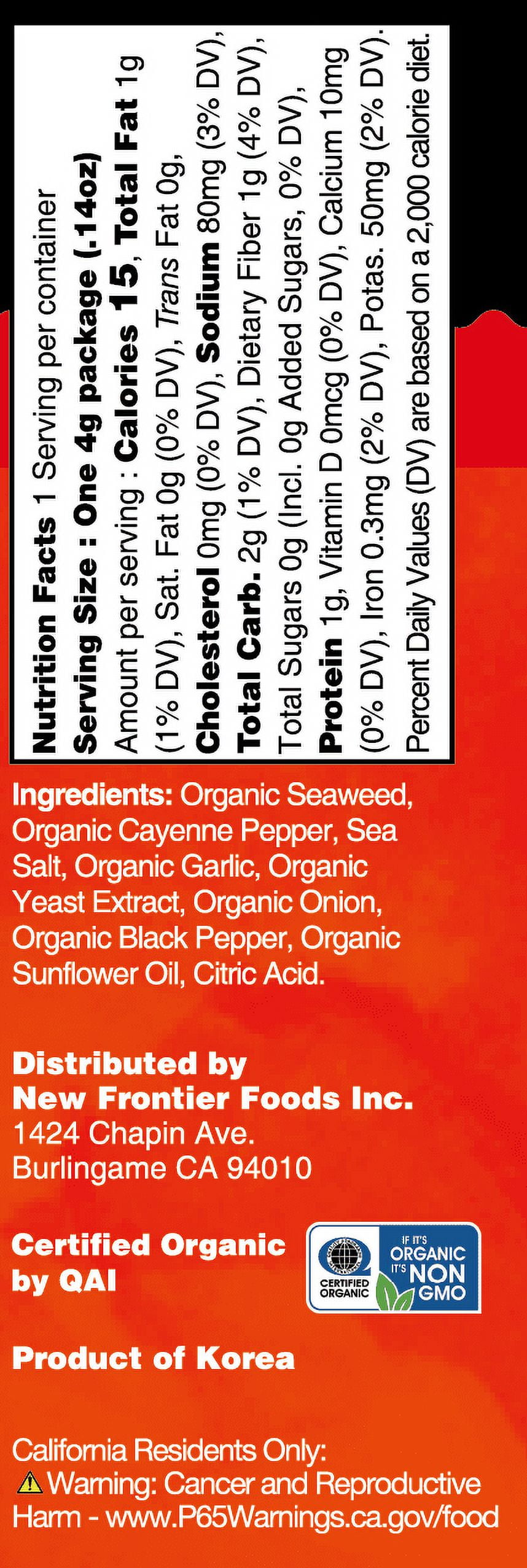 (20 pack) Ocean's Halo, Organic Trayless Seaweed Snack, Red Hot Chili Crunch, Vegan, No Plastic Tray, 0.14 oz
