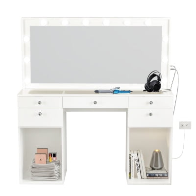 Boahaus Verona Large Vanity Desk with Mirror and Lights – Makeup Vanity Table with Storage and Power Outlet for Adults