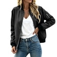 thumbnail image 7 of EchfiProm Women's Solid Color Bomber Jacket Full Zip Long Sleeve Lightweight Windproof Casual Outerwear with Pockets for Spring Fall Daily Wear Black M, 7 of 7