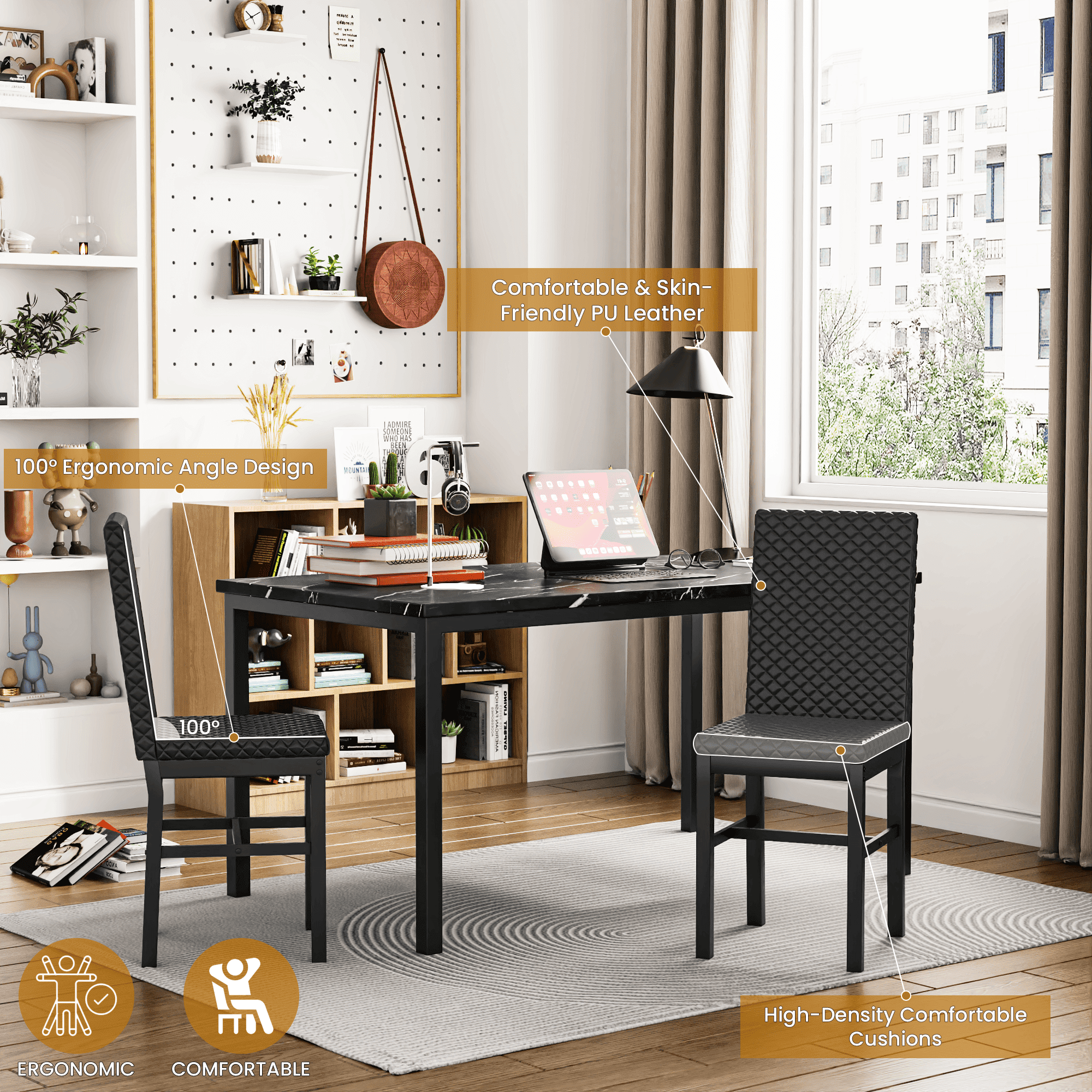LinkRomat 7-Piece Modern Dining Table Set for 6, Faux Marble Table with PU Leather Chairs, Black
