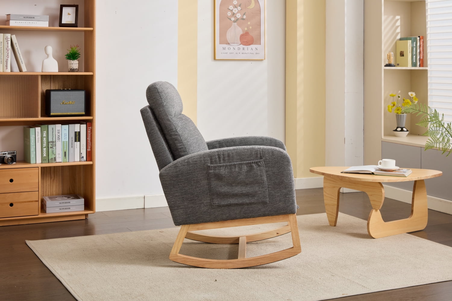 Lisonu Modern Nursery Glider Rocking Chair, Upholstered High-Back Rocker in Dark Gray Teddy Fabric, Comfy Lounge Armchair with Side Pocket & Solid Wood Legs