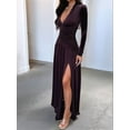 thumbnail image 5 of Female Long Sleeve Maxi Dress V Neck Wrap Waist Formal Long Cocktail Dresses Night Out Outfits Brown S, 5 of 8