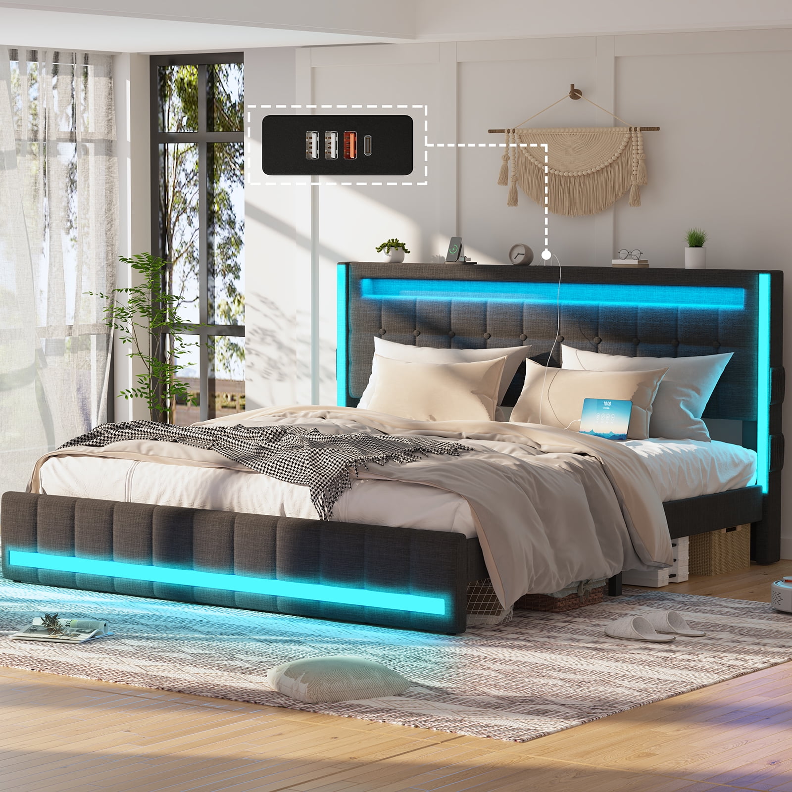 Queen Bed Frame with Adjustable Headboard & LED Lights, Upholstered Platform Bed Frame Queen Size with Type-C & USB Charging Station, Heavy Duty Metal Bed Frame, No Box Spring Needed, Dark Grey