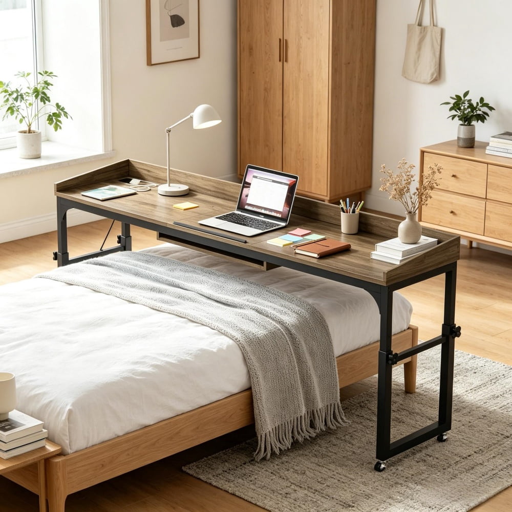 Height Adjustable Overbed Table with Wheels, 5-Level Tilting Desktop, Mobile Bedside Desk with AC & USB Charging Ports for Working Reading Gaming