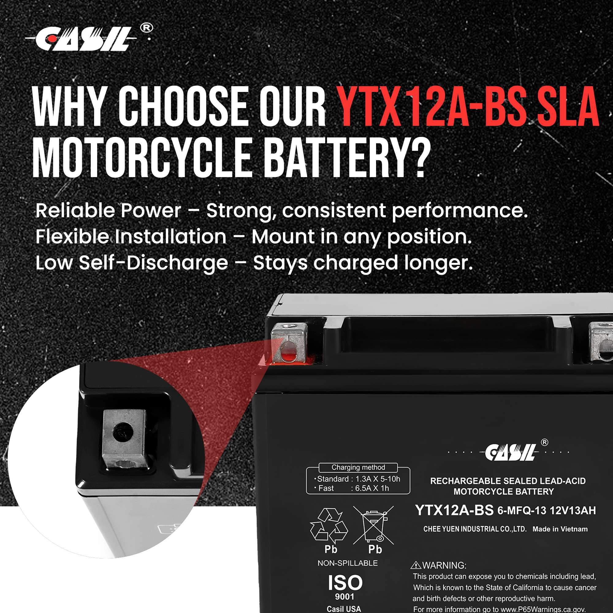 CASIL YTX12A-BS Replacement Power Sports Battery for Motorcycles, ATV's, and Scooters